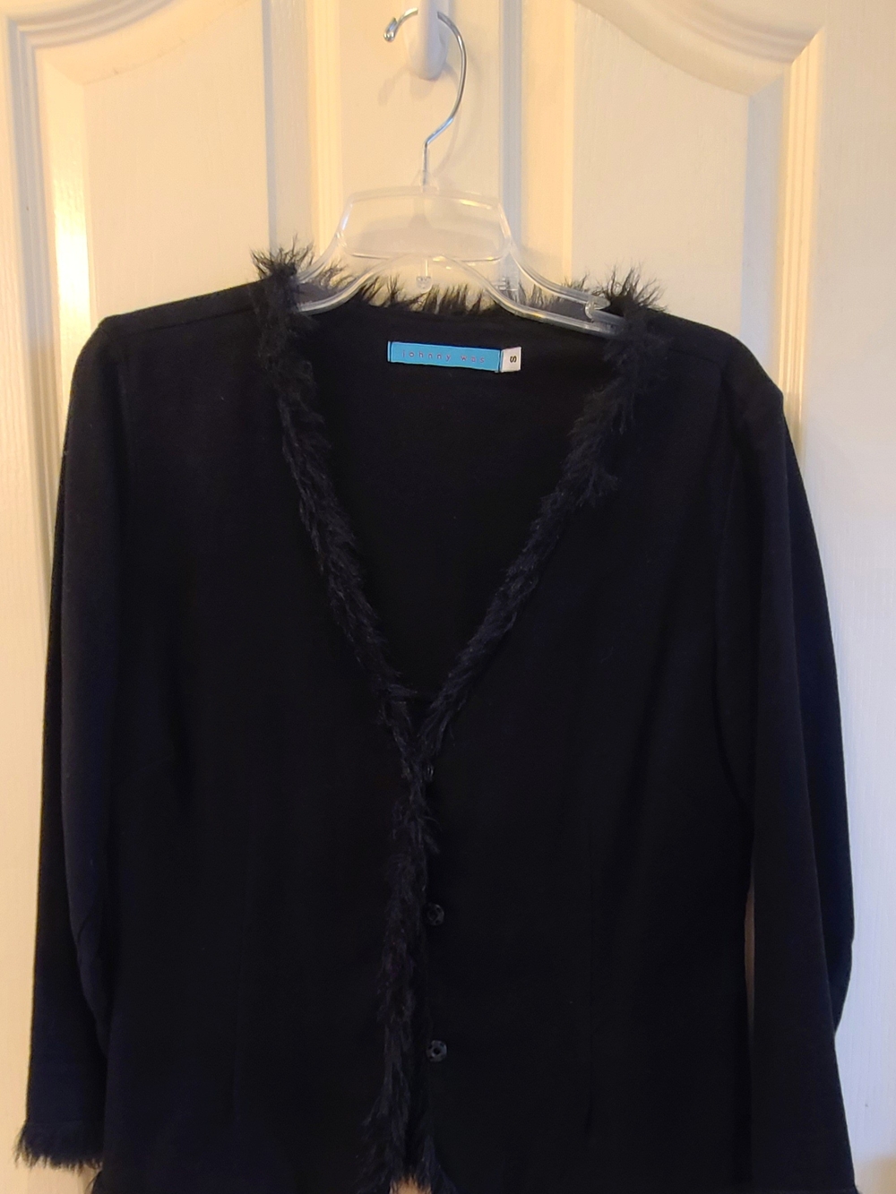 Johnny Was Black Button-Front Cardigan with Feather Trim